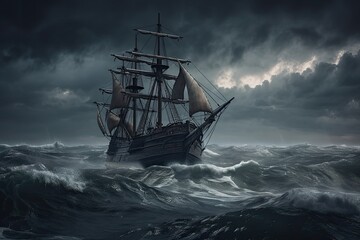 Old sail ship braving the waves of a wild stormy sea at night. Generative AI.