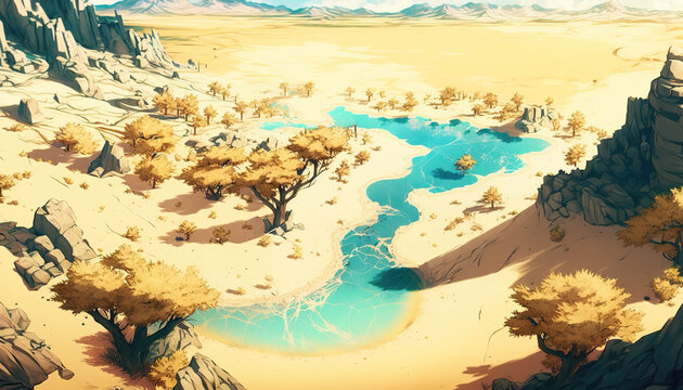 a beautiful desert artowrk with an unknown little lake, water place, generative ai technology © Sternfahrer