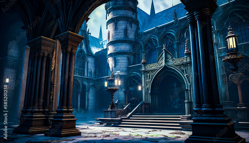 Poster large building with lot of pillars in it. generative ai.