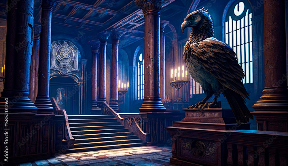 Poster bird sitting on top of statue in building. generative ai.