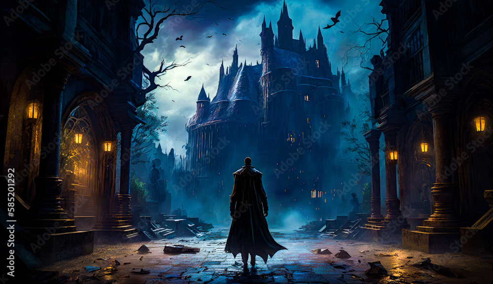 Aufkleber man standing in front of castle at night. generative ai.