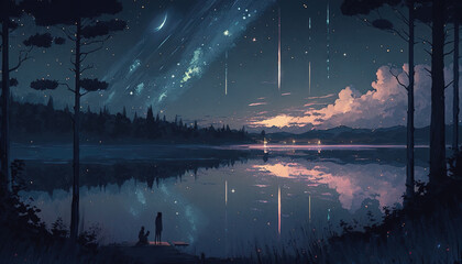 an epic anime landscape lake illustration with falling stars, generative ai technology