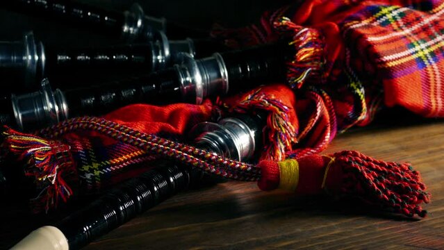Scottish Bagpipes On Table Moving Shot
