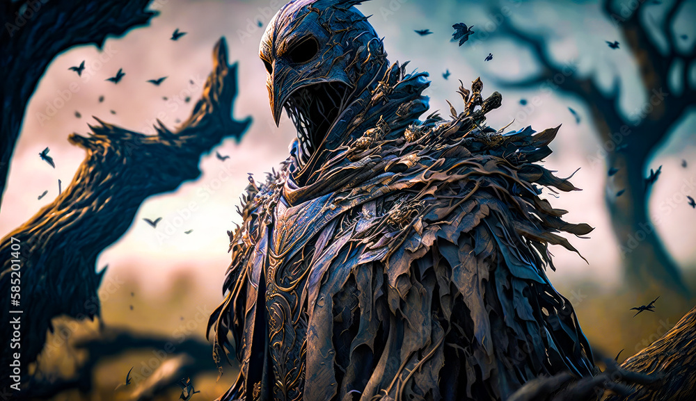 Poster man in bird costume standing in forest. generative ai.