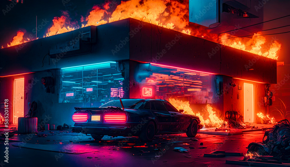 Poster car parked in front of building on fire. generative ai.