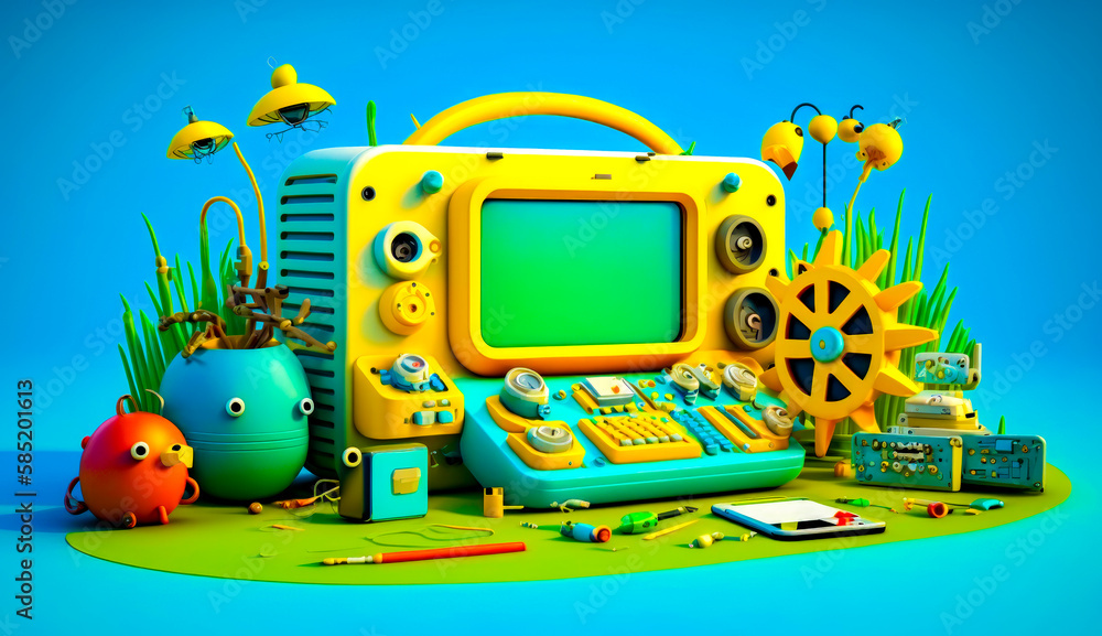 Poster yellow computer sitting on top of green field. generative ai.