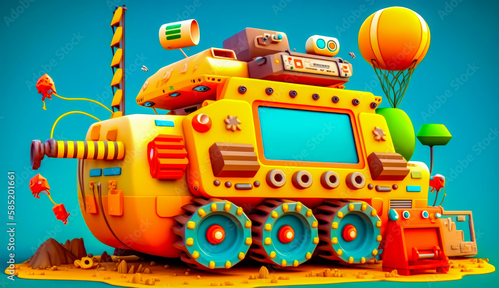 Poster yellow vehicle with bunch of items on top of it. generative ai.