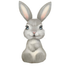 Graphic illustration of gray Fluffy little cute Bunny with white background. Idea for children’s books, art, cartoon, copybooks, poster, stickers, banner,  Easter Day, sprint painting.