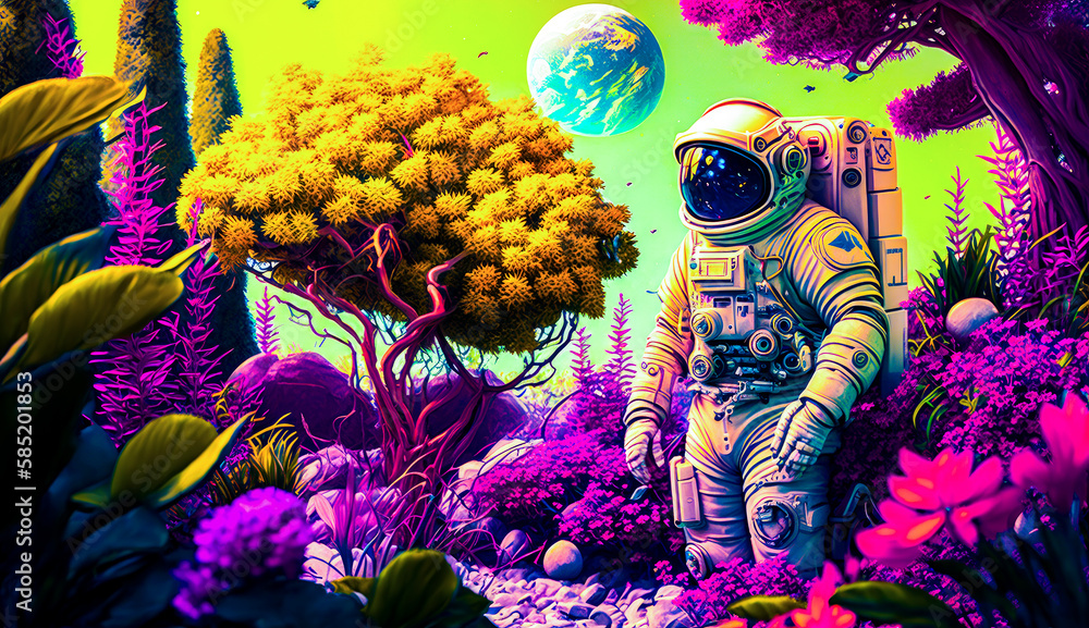 Aufkleber man in space suit walking through forest. generative ai.