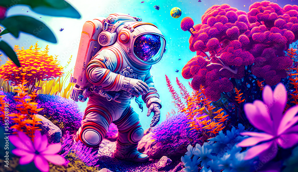 Poster man in space suit walking through field of flowers. generative ai.