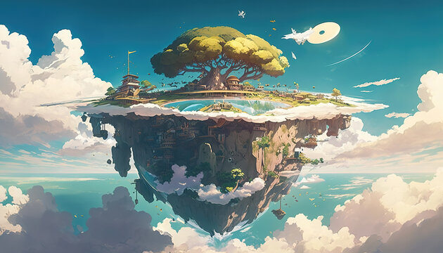 an impressive beautiful island in the sky with a big tree, manga artwork, generative ai technology