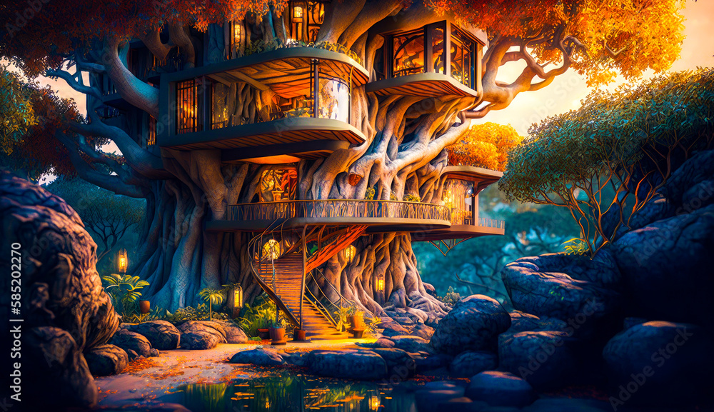 Poster tree house in the middle of forest. generative ai.