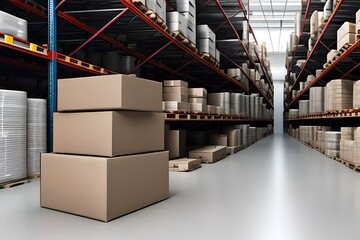 3D rendering, heap of cardboard boxes in the warehouse with a cart in white background