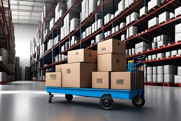 3D rendering, heap of cardboard boxes in the warehouse with a cart in white background