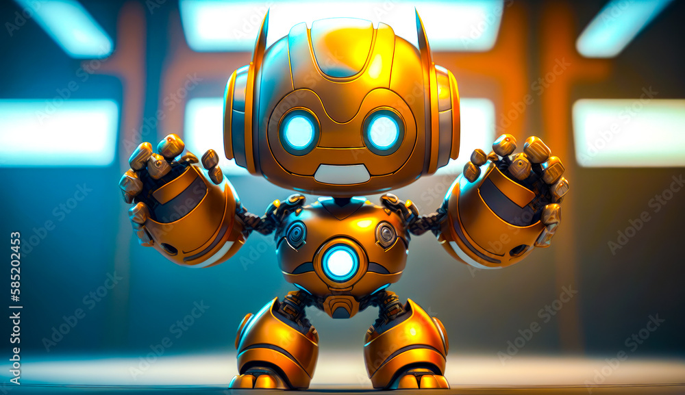 Poster robot with glowing eyes standing in front of blue background. generative ai.