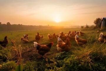 Bio Bauernhof mit Hühner auf einem Feld. Beim Sonnenaufgang mit Dunst / Nebel. Warme Beleuchtung, Generate Ai - obrazy, fototapety, plakaty
