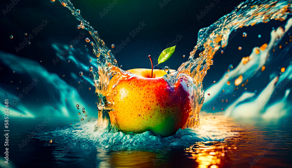 Poster an apple with water splashing out of it. generative ai.