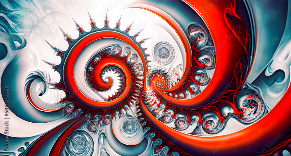 Poster computer generated image of red and white spiral. generative ai.