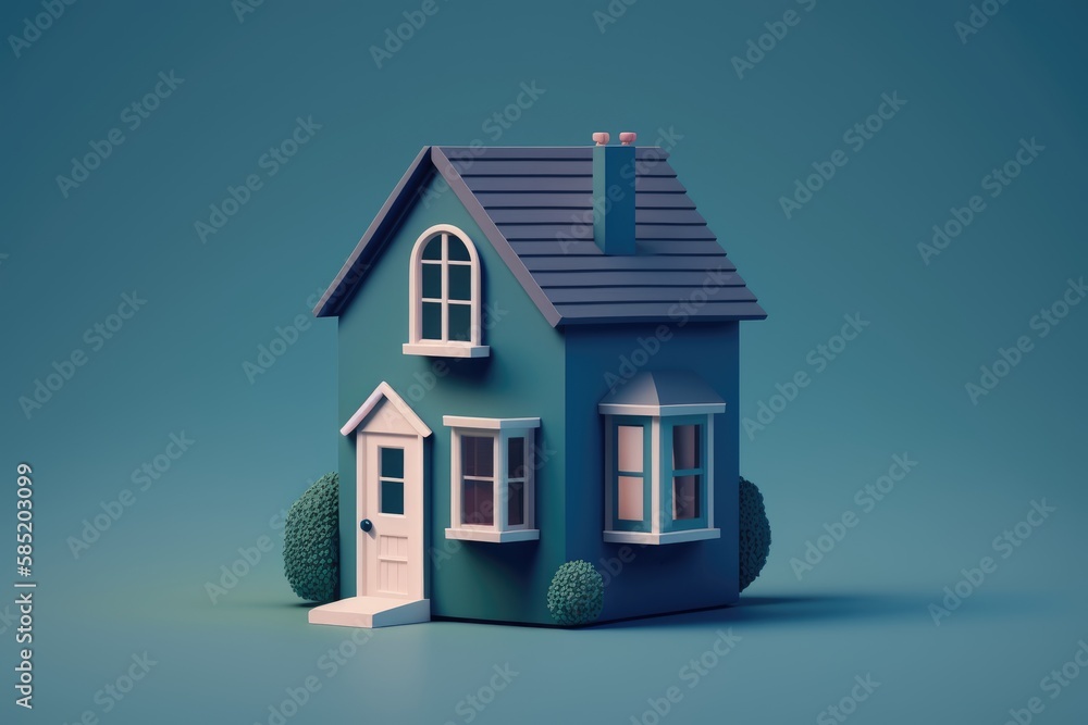 Poster 3d rendering of a little house on a blue background with trees and bushes