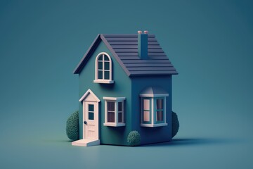 3D rendering of a little house on a blue background with trees and bushes