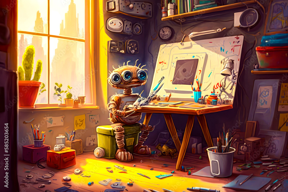 Poster painting of robot sitting in front of easel. generative ai.
