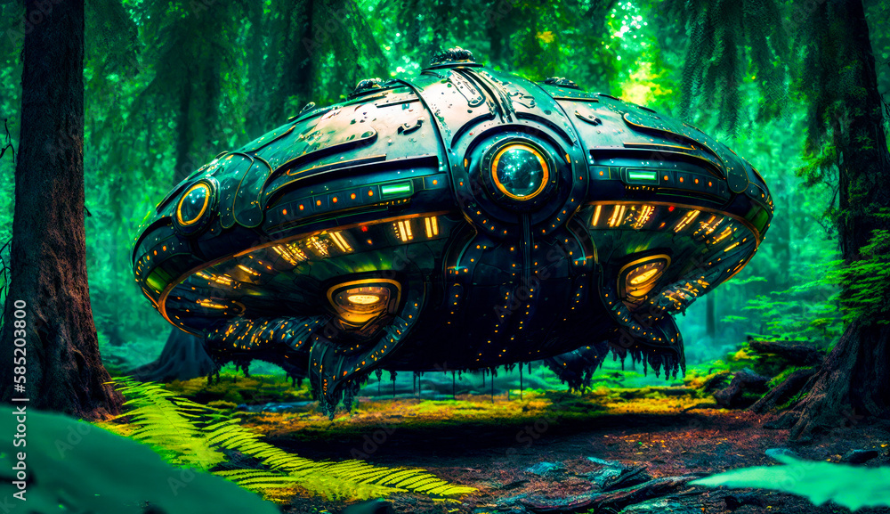 Poster strange looking object in the middle of forest. generative ai.
