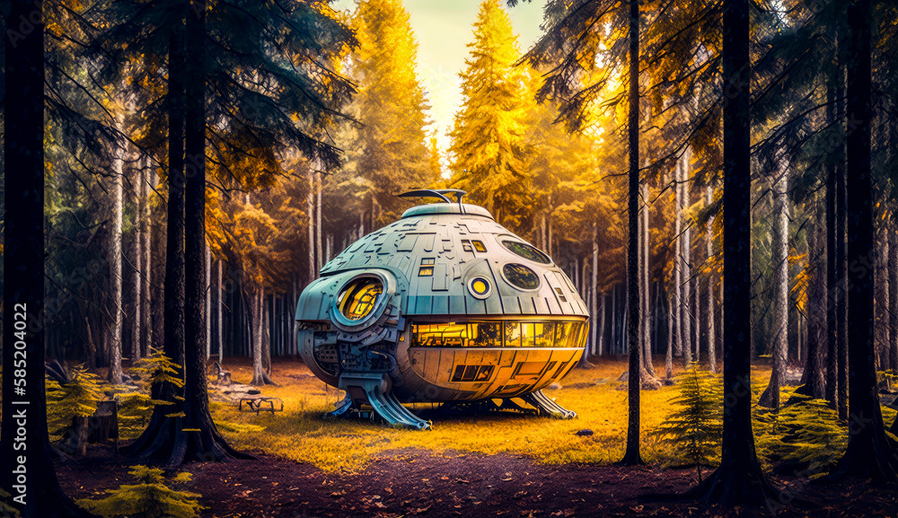 Poster painting of spaceship in the middle of forest. generative ai.