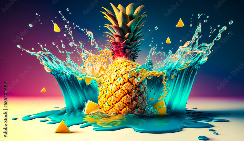 Poster pineapple splashing into pool of water. generative ai.