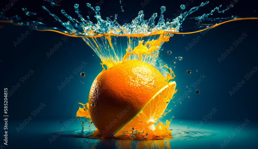Poster an orange falling into the water with splashes. generative ai.