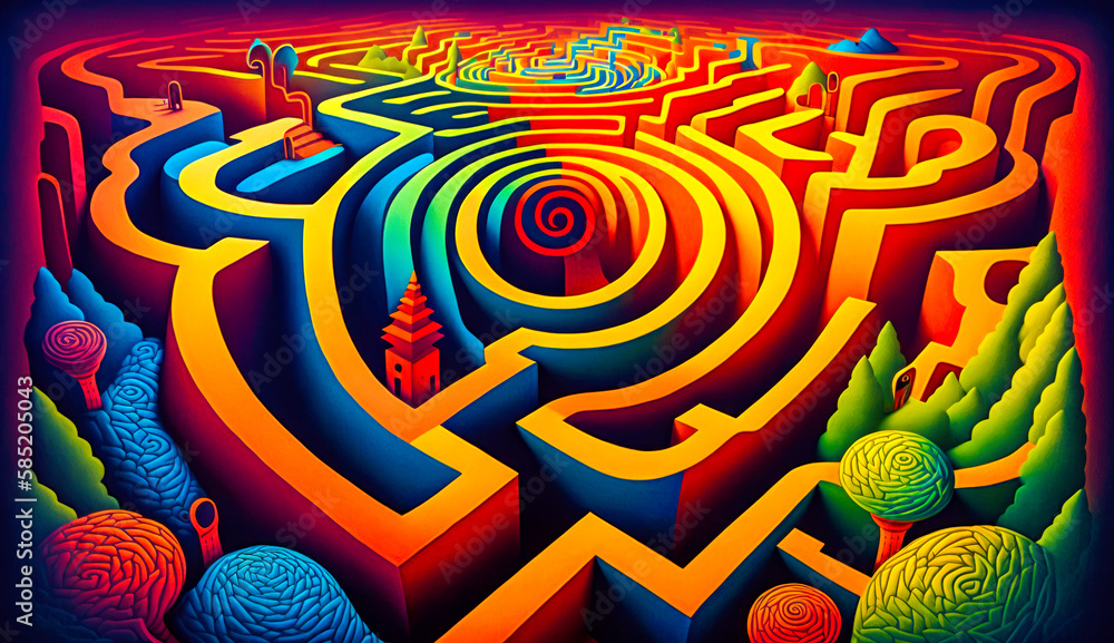 Poster psychedelic maze with trees and buildings in the background. generative ai.
