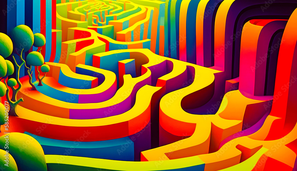 Poster painting of maze with trees and bushes. generative ai.
