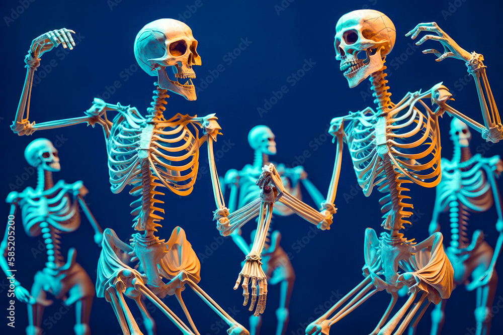 Poster group of skeletons are dancing together. generative ai.