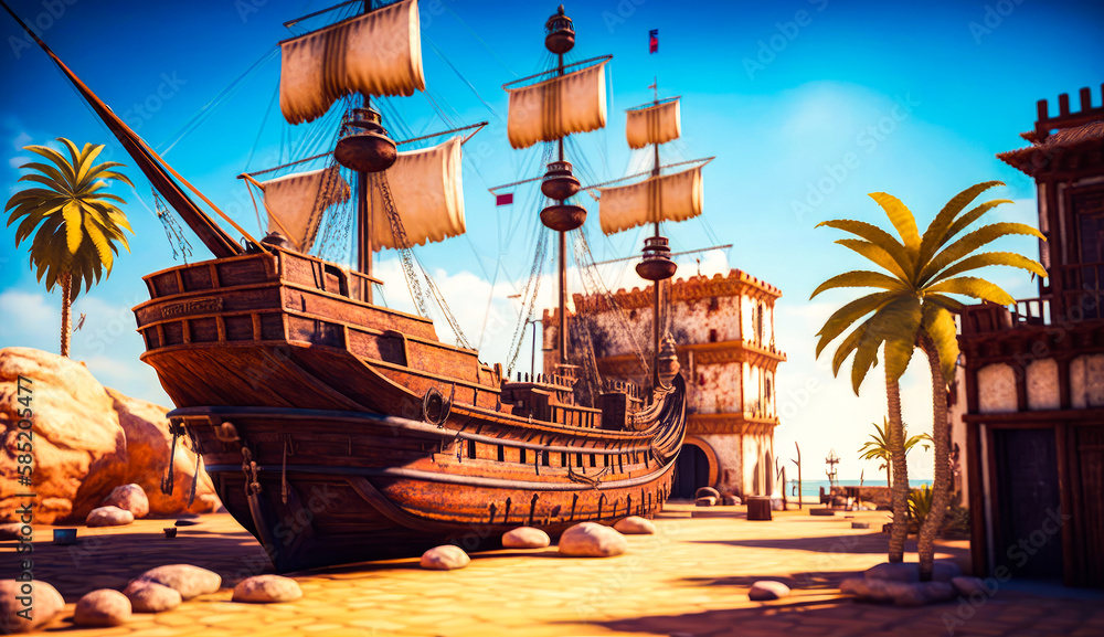 Poster pirate ship floating in the ocean next to palm tree. generative ai.