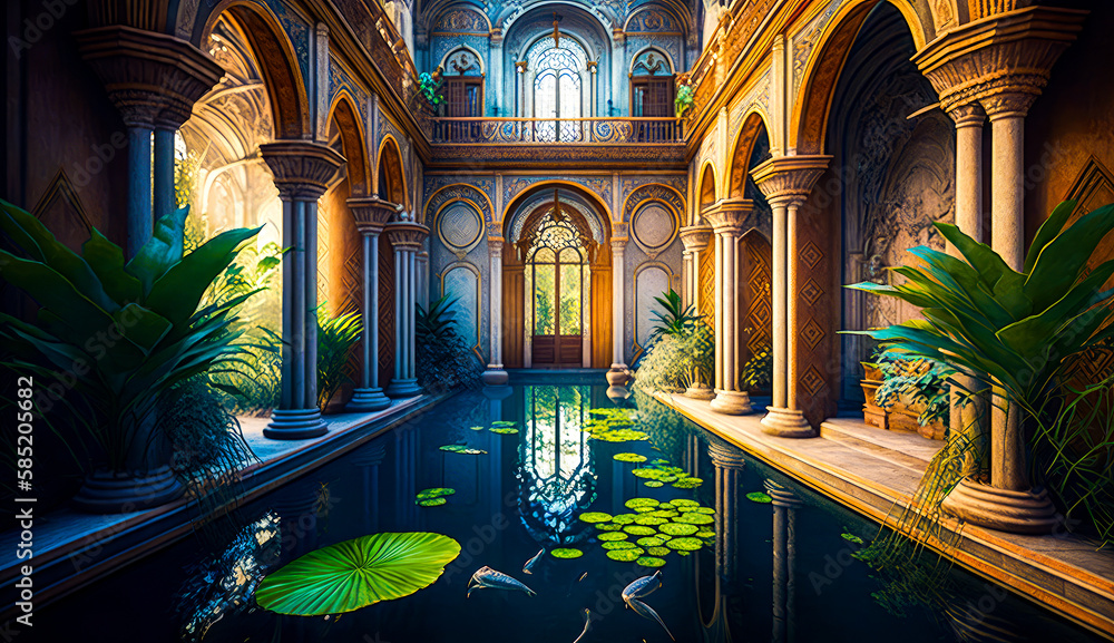 Poster painting of building with pond in the middle of it. generative ai.