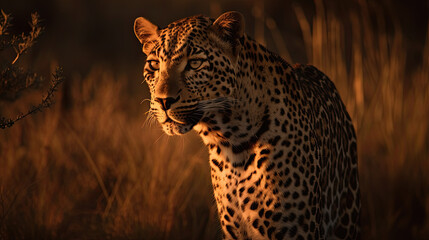 Plakat portrait of a leopard in african savanna at sunset. Generative AI