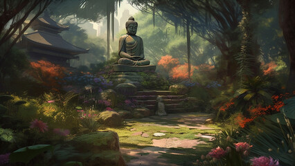 Stone Buddah statue next to a temple in the nature (Modified Generative AI)