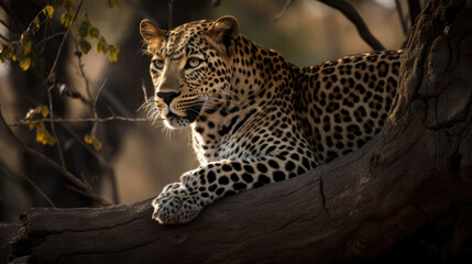 portrait of a leopard lying on a tree in african savannah. Generative AI