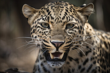 Obraz na płótnie Canvas portrait of a leopard in africa showing teeth. Generative AI