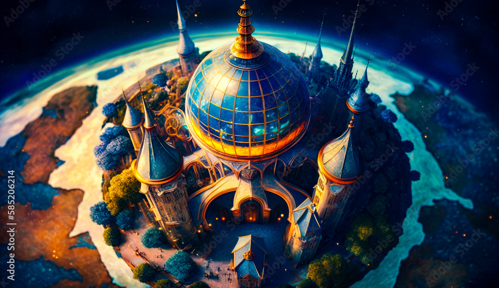 Poster an aerial view of building in the middle of the earth. generative ai.
