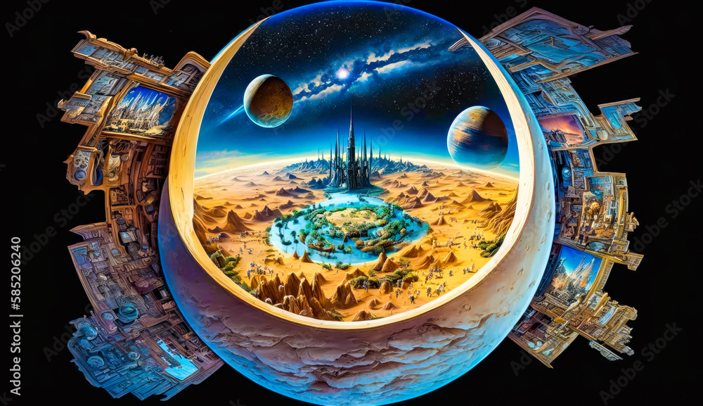 Poster picture of planet with castle in the middle of it. generative ai.