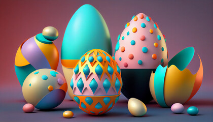 Fototapeta na wymiar Easter eggs in a dynamic 3D abstract background: pastel colors, liquify effect, soft lighting, reflective surfaces, subtle textures, 8K detail.