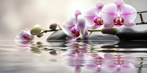 orchids with stones and water, spa concept, generative ai