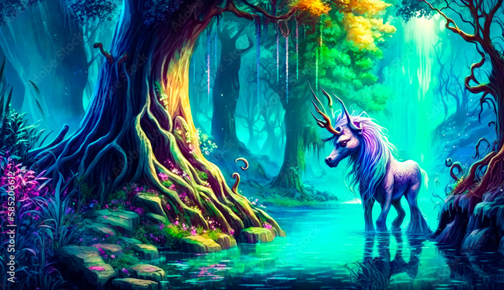 Poster painting of unicorn standing in the middle of forest. generative ai.