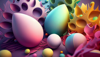 Easter eggs in a dynamic 3D abstract background: pastel colors, liquify effect, soft lighting, reflective surfaces, subtle textures, 8K detail.