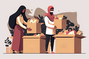 woman packing, sorting old donations clothes in boxes for people in need. Generative AI