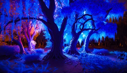 Abwaschbare Fototapete Dunkelblau Night time scene of tree with blue lights. Generative AI.