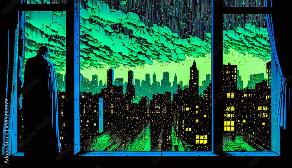Poster man standing in front of window looking out at the city. generative ai.
