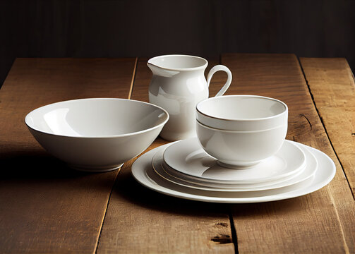 Set of empty white dishes on a wooden table. Generative AI