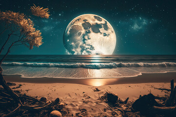 huge bright shining moon on a beach with palm trees at night. Generative AI