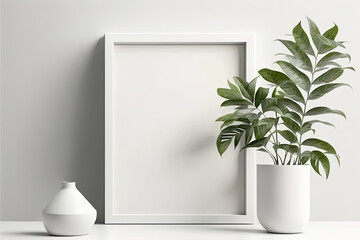 a white picture on a white wall with a green tropical plant next to it. mockup, template. Generative AI